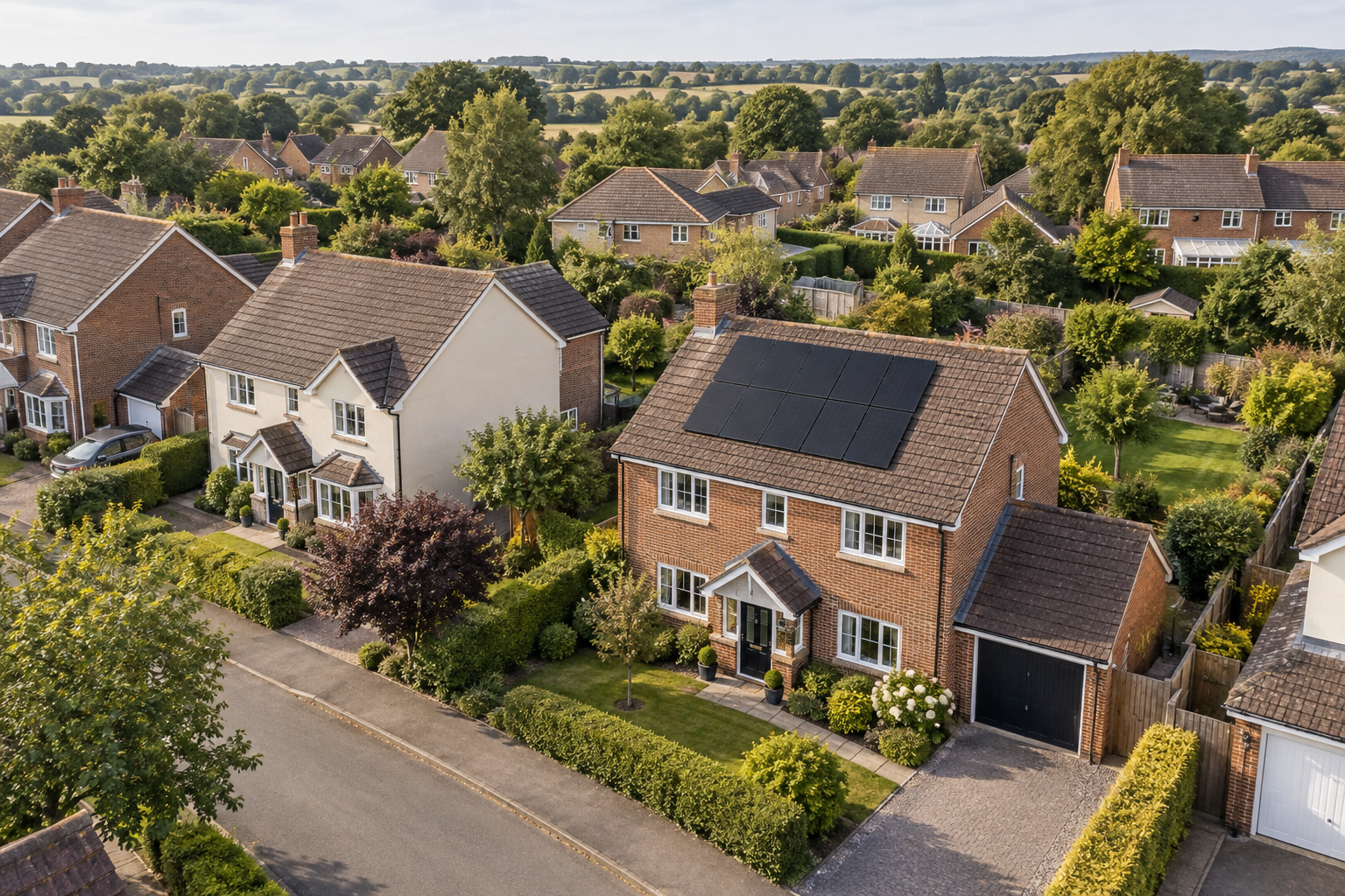 House with a clearly visible solar panel installation in an English neighbourhood