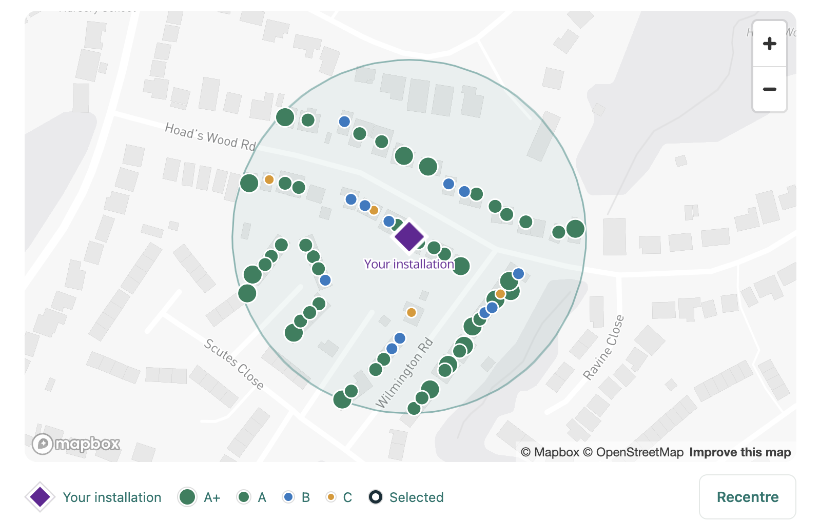 Example neighbourhood map showing nearby roof opportunities around your installation, with A+, A, B and C grades